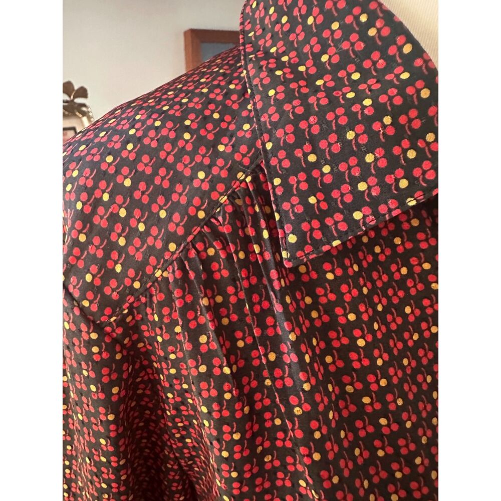 Vintage Cherry Print Blouse 70s 80s Secretary Novelty Silk Feel Top
